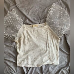 Altar’d State White Puff Sleeve Sheer Polka Dot Sleeve Top